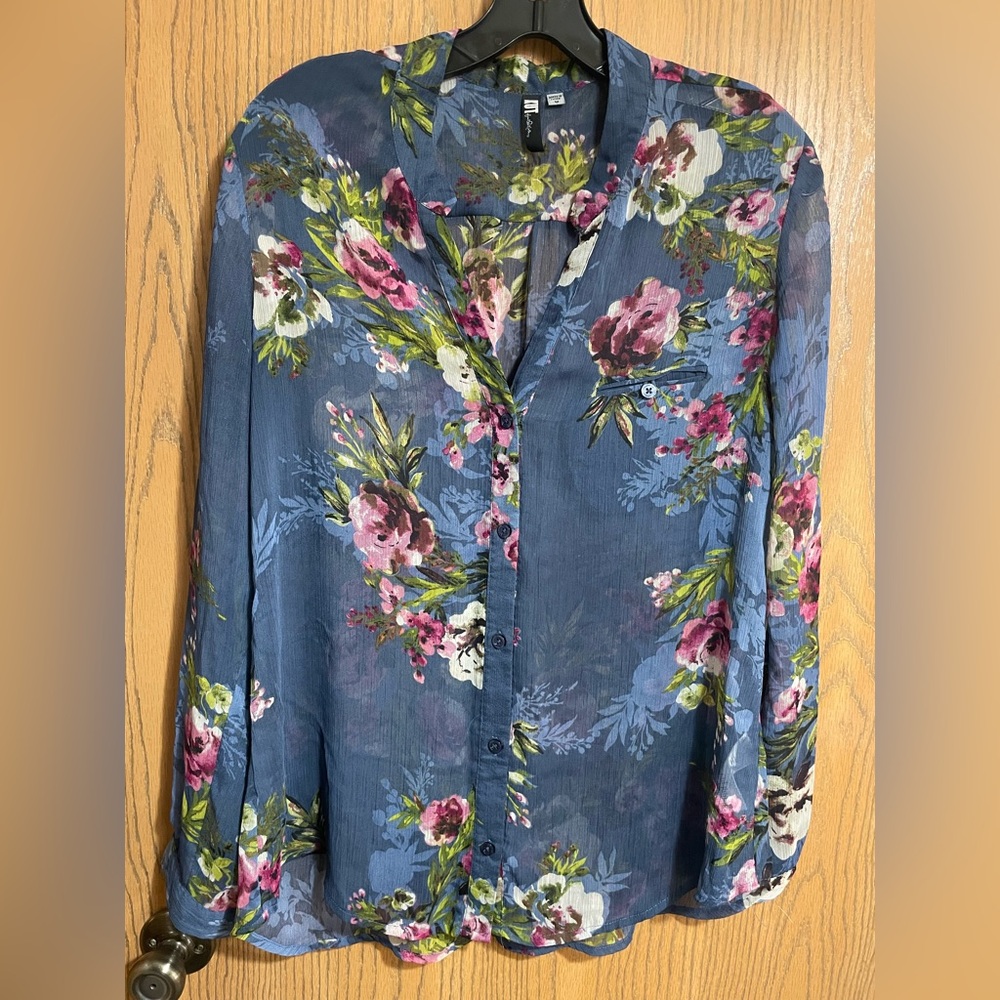 Blue Floral Sheer Button Down Blouse